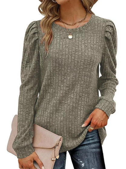 Ribbed Knit Top with Puff Sleeves Army Green - Fashorio