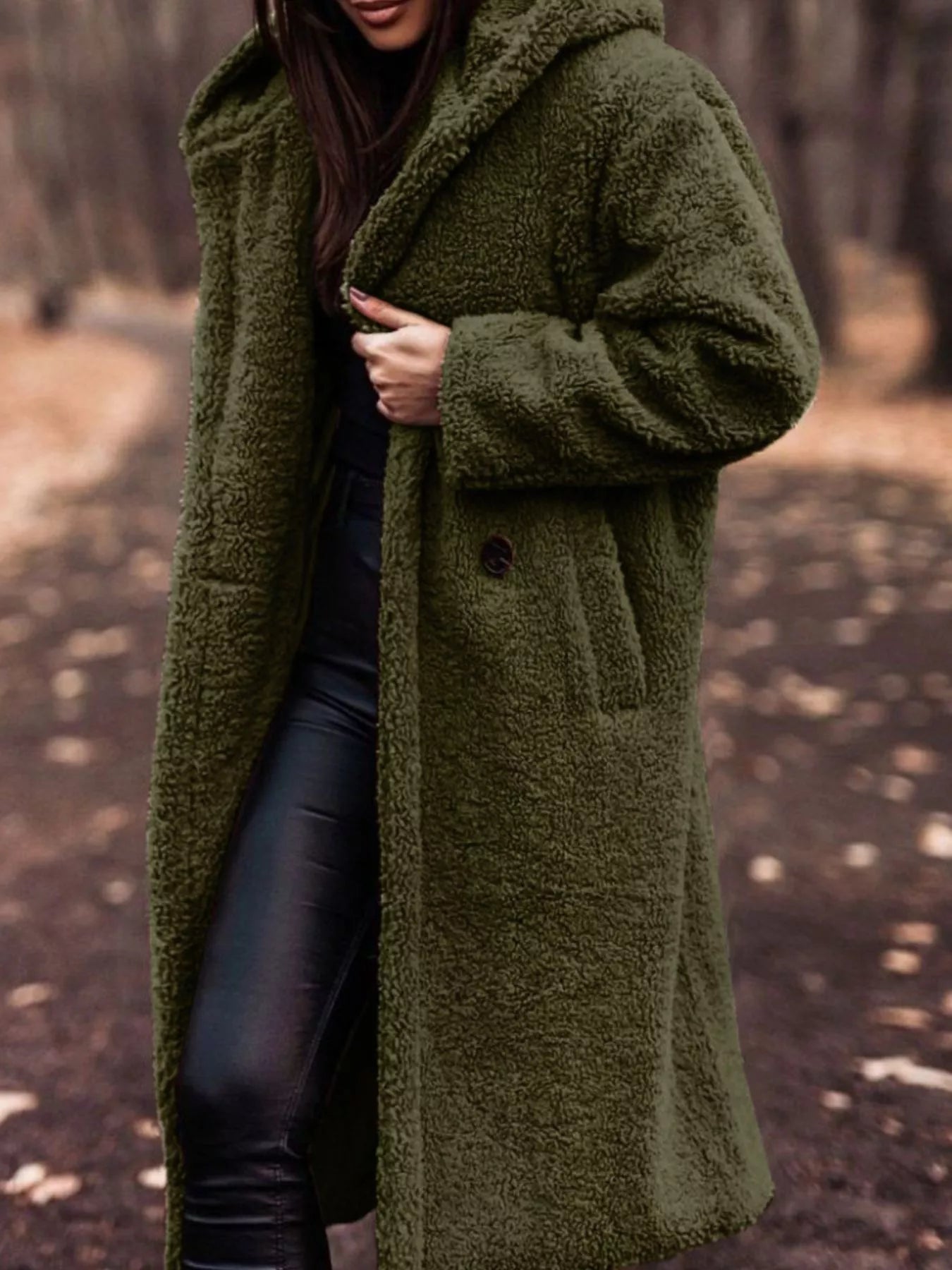 Fashorio Army Green / S Teddy Bear Hooded Longline Outerwear