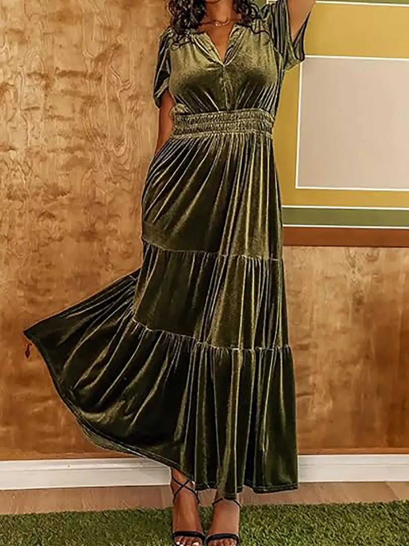 Fashorio Army Green / S Velvet Tiered Short Sleeve Maxi Dress