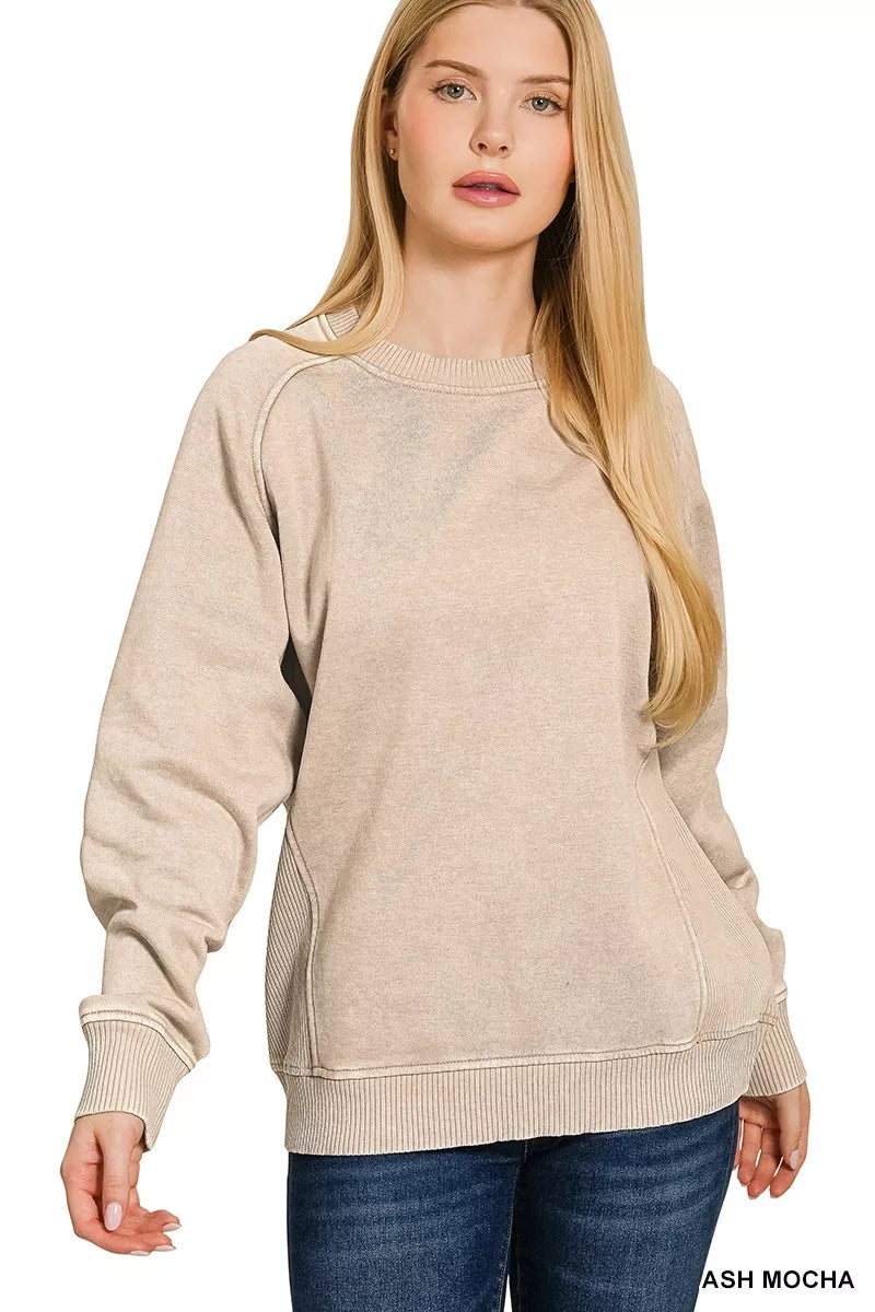 Fashorio ASH MOCHA / S Zenana Acid Washed Fleece Sweatshirt with Side Rib