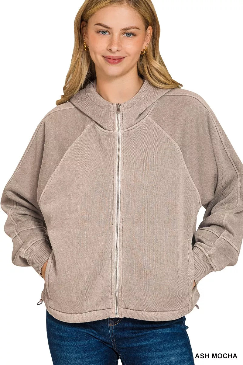 Fashorio ASH MOCHA / S Zenana Fleece Pigment Dye Zip Up Hoodie with Pockets