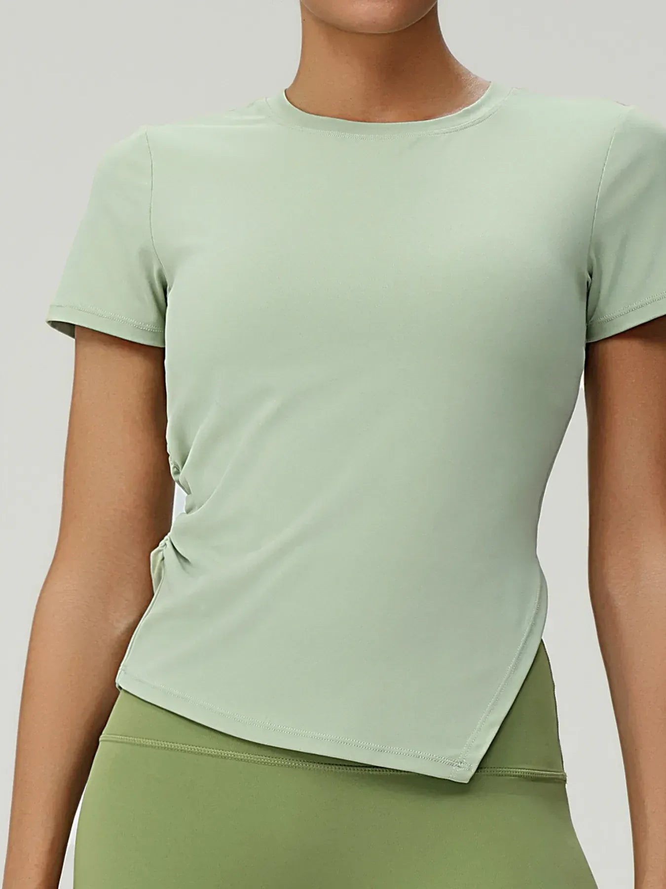 Fashorio Avocado Green / M Full Size Slit Round Neck Short Sleeve Active T-Shirt Plus Size