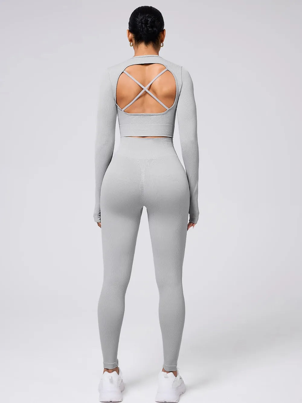 Fashorio Back Crisscross Round Neck Long Sleeve Top and Leggings Active Set