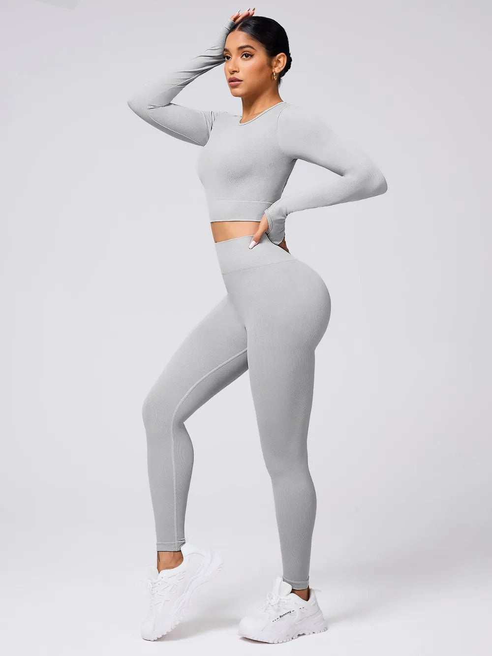 Fashorio Back Crisscross Round Neck Long Sleeve Top and Leggings Active Set