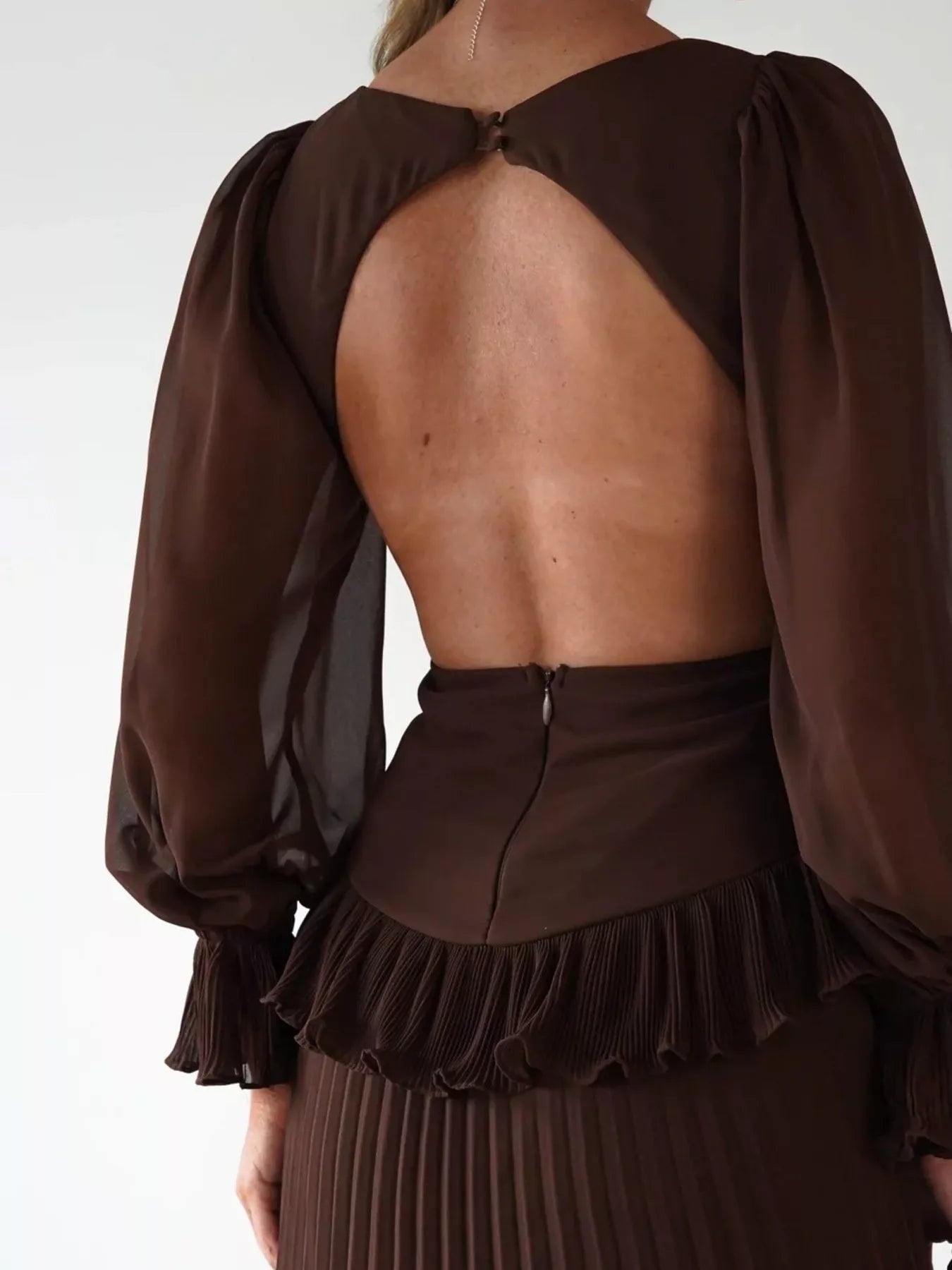 Fashorio Backless Pleated Long Sleeve Maxi Dress