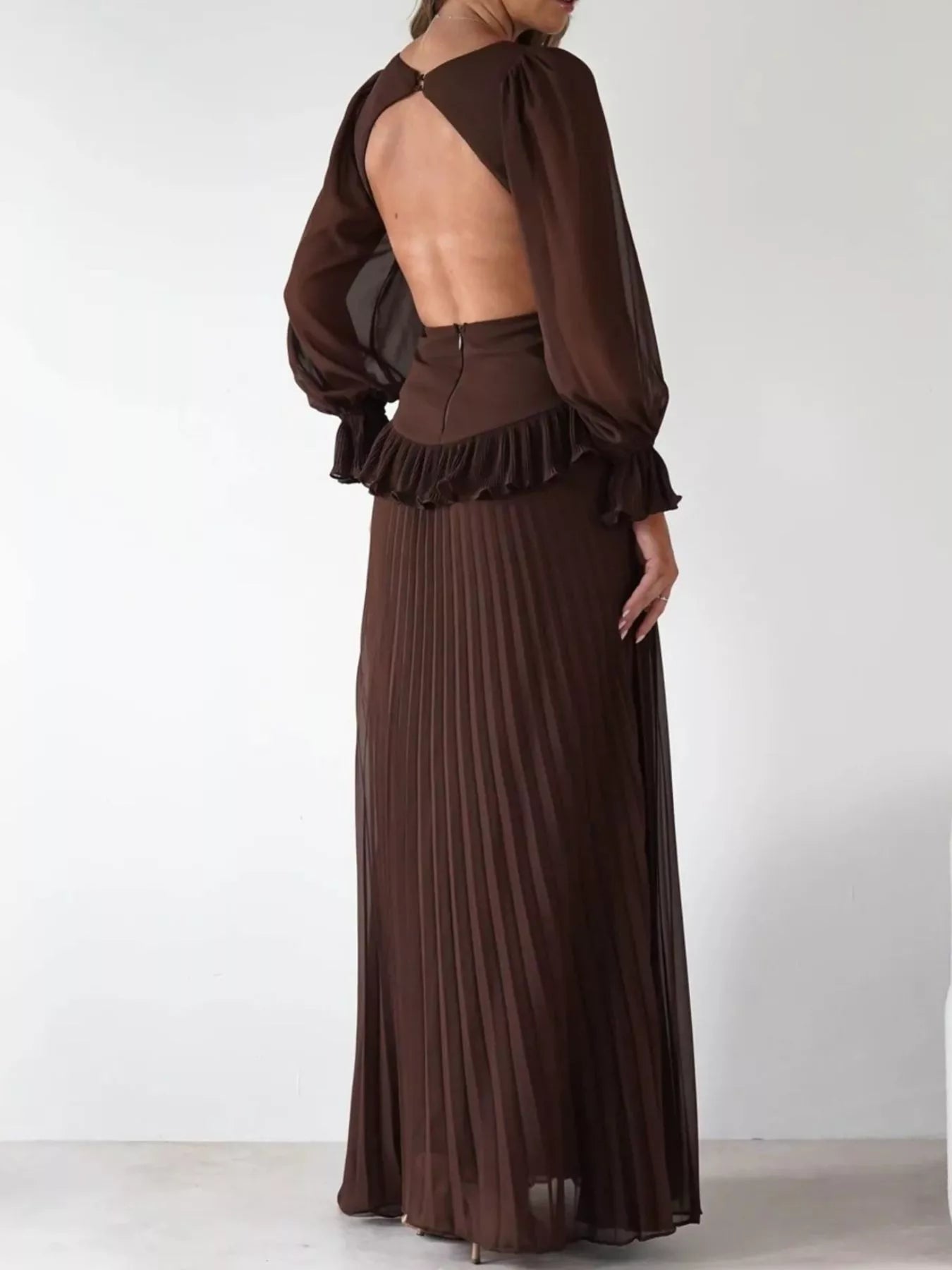 Fashorio Backless Pleated Long Sleeve Maxi Dress