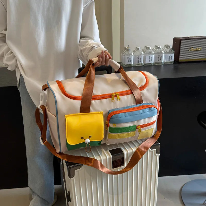 Fashorio Bags Beige / One Size Color Block Multi-Pockets Travel Bag