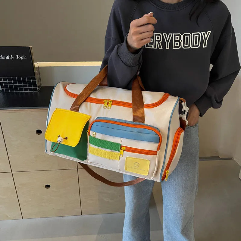 Fashorio Bags Beige / One Size Color Block Multi-Pockets Travel Bag