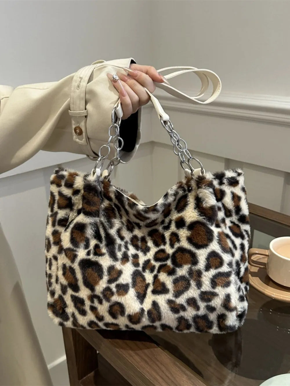 Fashorio Bags Beige / One Size Faux Fur Leopard Shoulder Bag