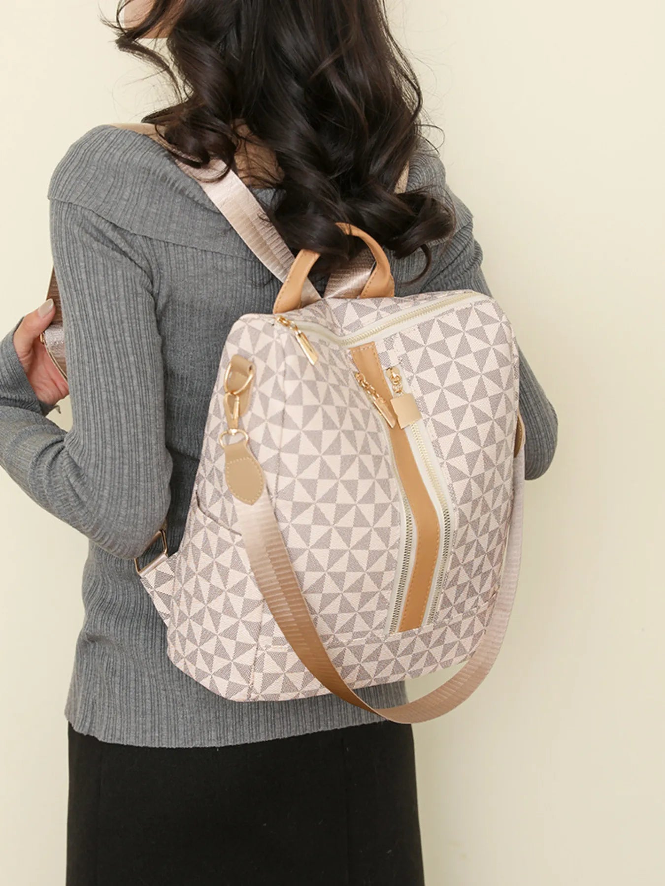 Fashorio Bags Beige / One Size Geometric Pattern Backpack Bag