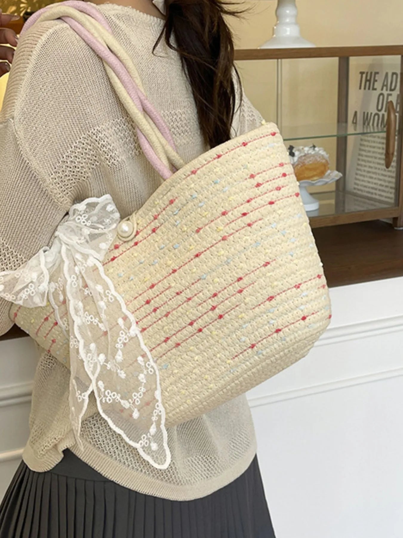 Fashorio Bags Beige / One Size Woven Straw Shoulder Bag with Lace Bow Detail
