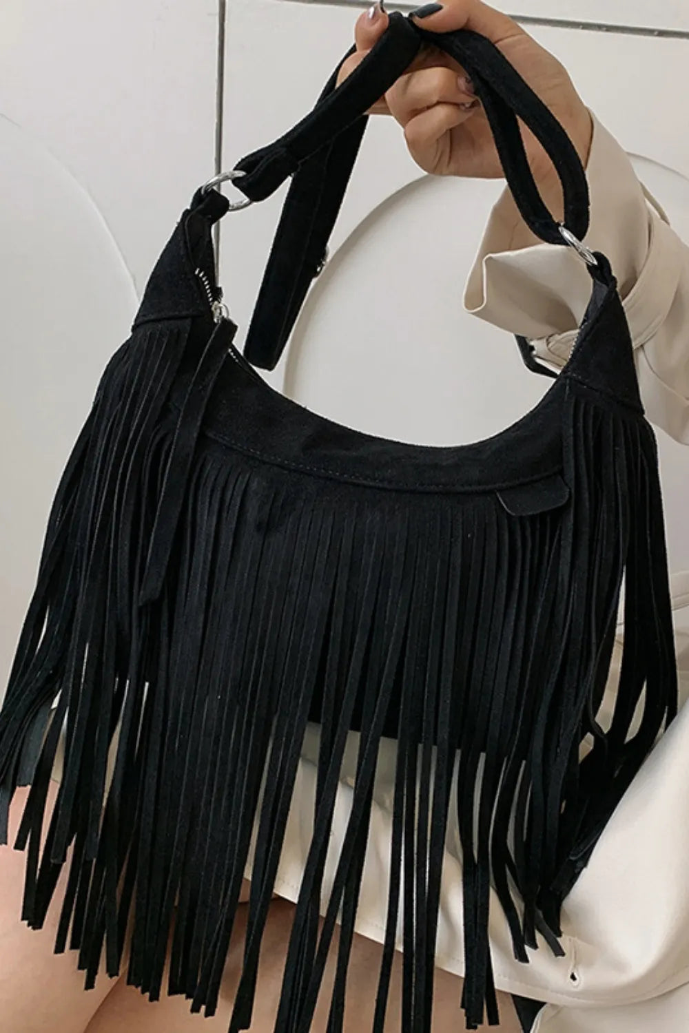 Fashorio Bags Black / One Size Suede Fringe Adjustable Strap Shoulder Bag