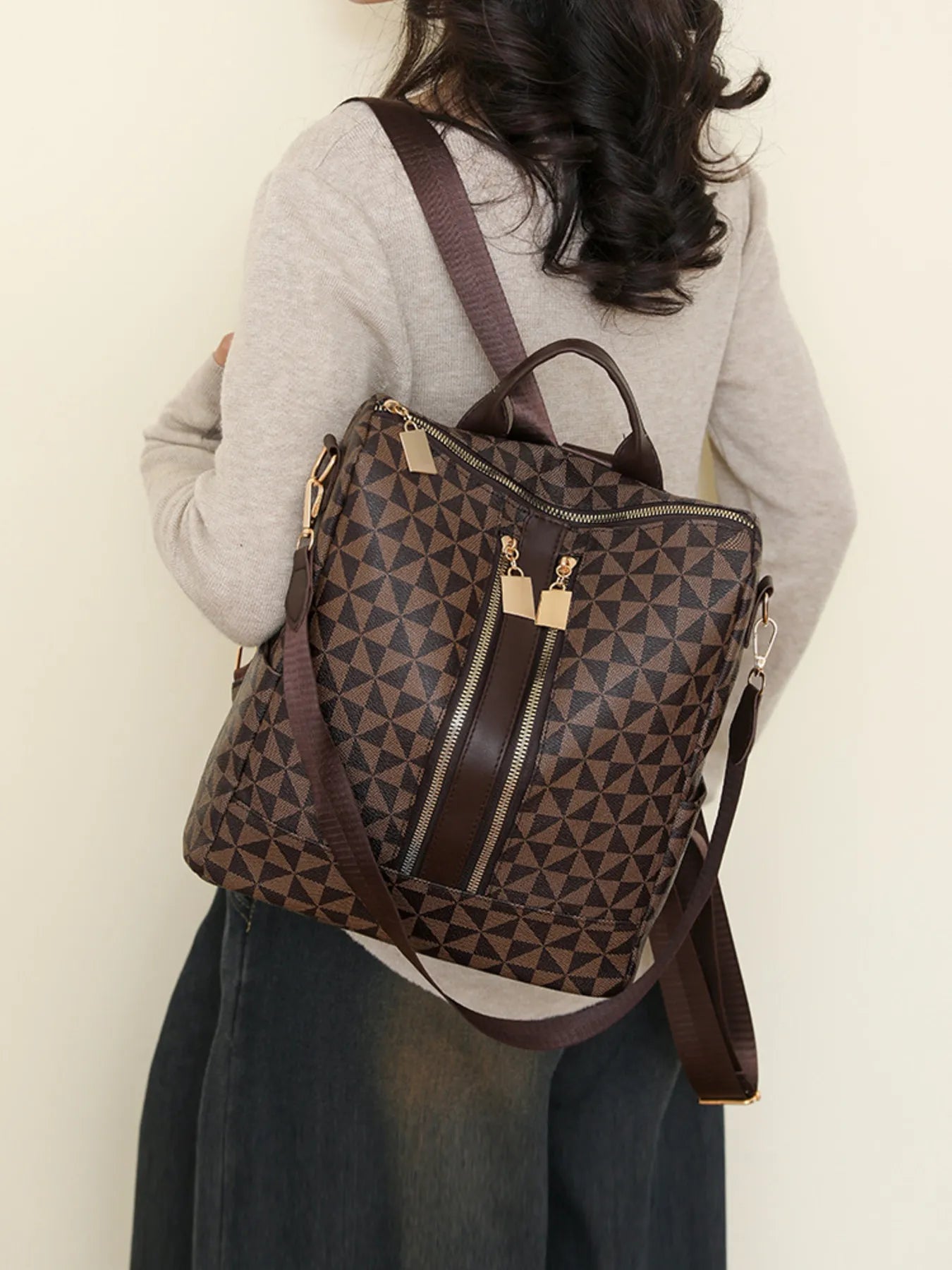 Fashorio Bags Brown / One Size Geometric Pattern Backpack Bag