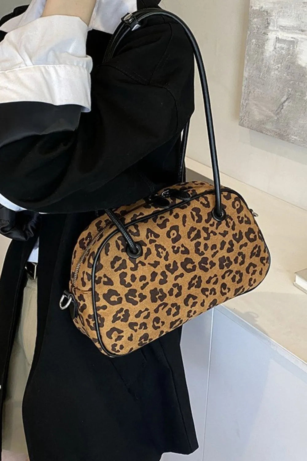 Fashorio Bags Caramel / One Size Leopard Suede Medium Shoulder Bag