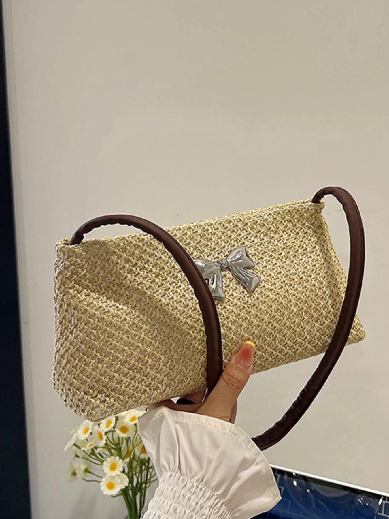 Fashorio Bags Coffee Color / One Size Woven Straw Shoulder Bag with Bow Detail