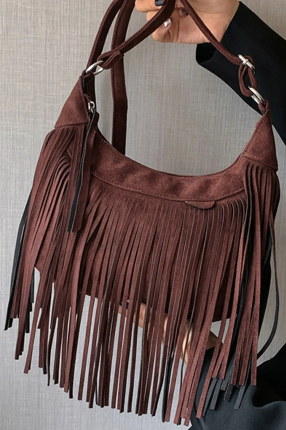 Fashorio Bags Dark Brown / One Size Suede Fringe Adjustable Strap Shoulder Bag
