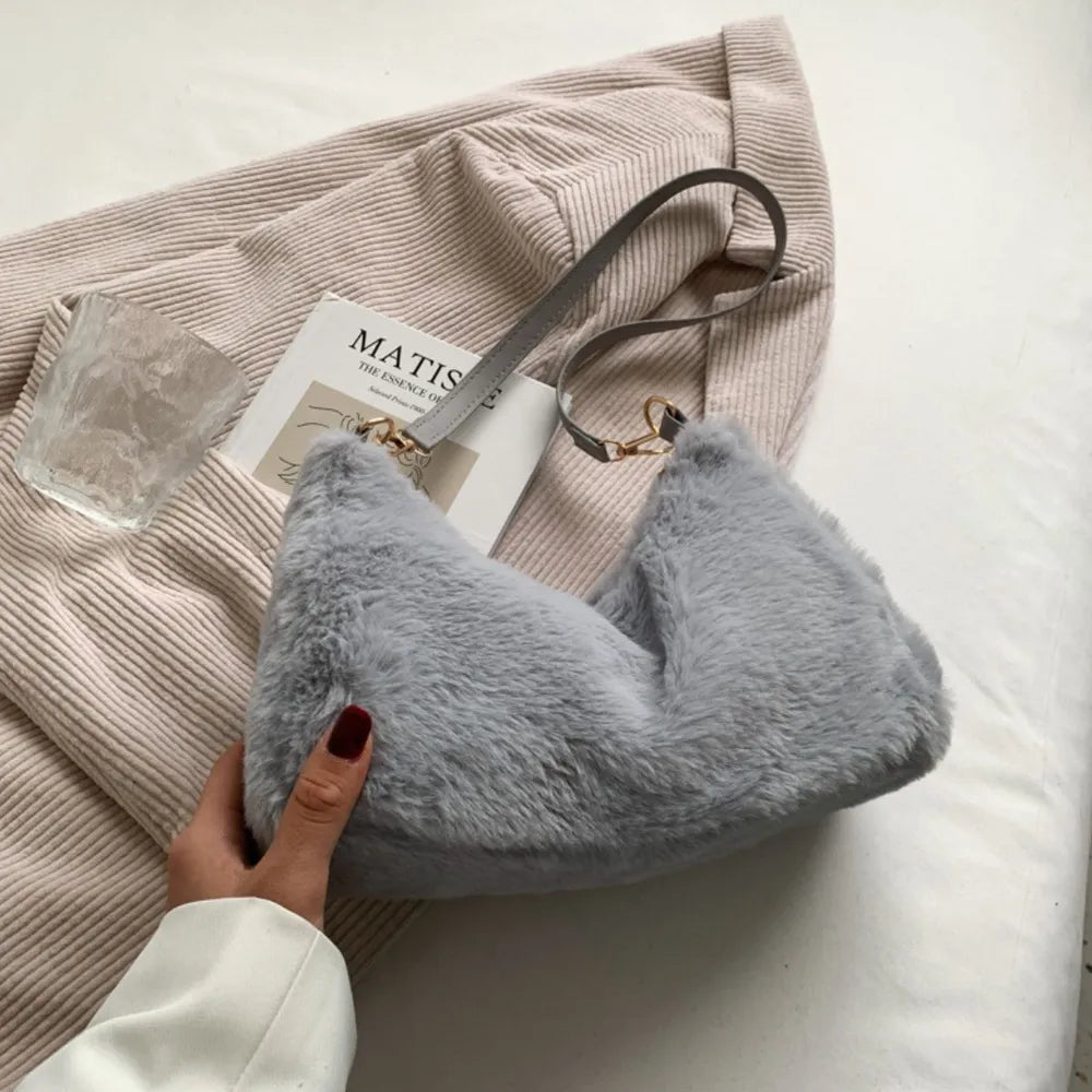 Fashorio Bags Gray / One Size Faux Fur Removable Strap Shoulder Bag