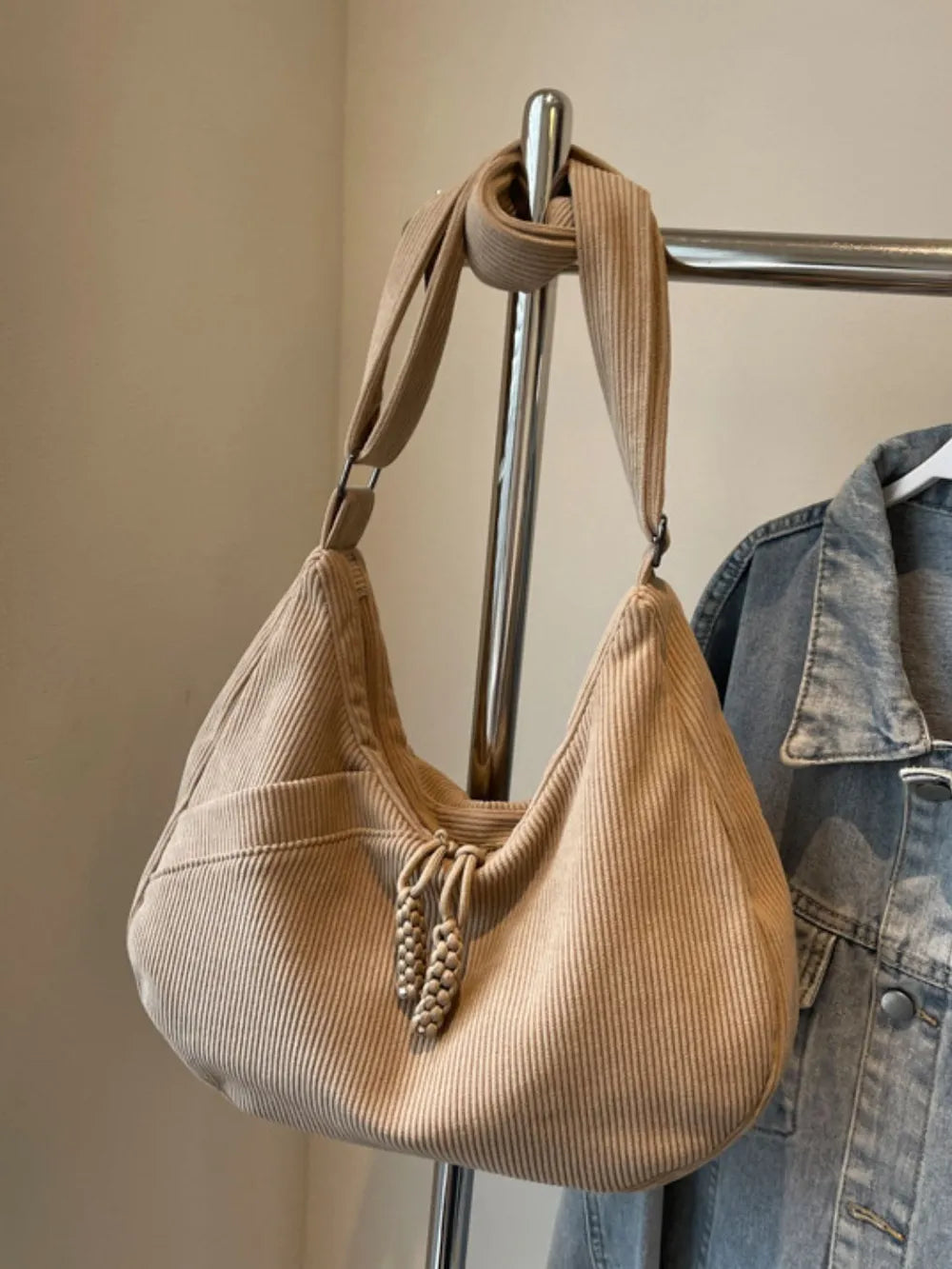 Fashorio Bags Khaki / One Size Ribbed Adjustable Strap Shoulder Bag