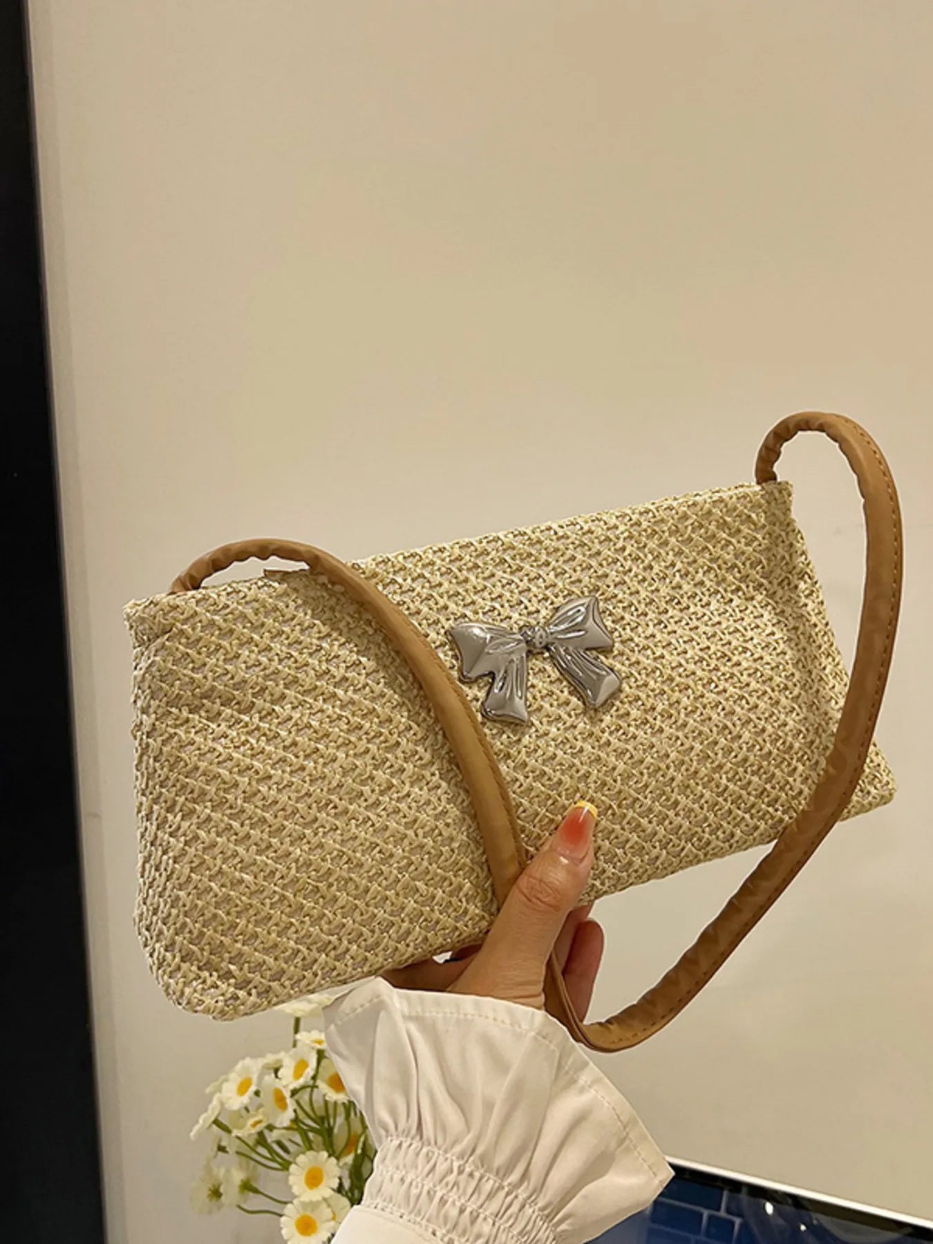 Fashorio Bags Khaki / One Size Woven Straw Shoulder Bag with Bow Detail