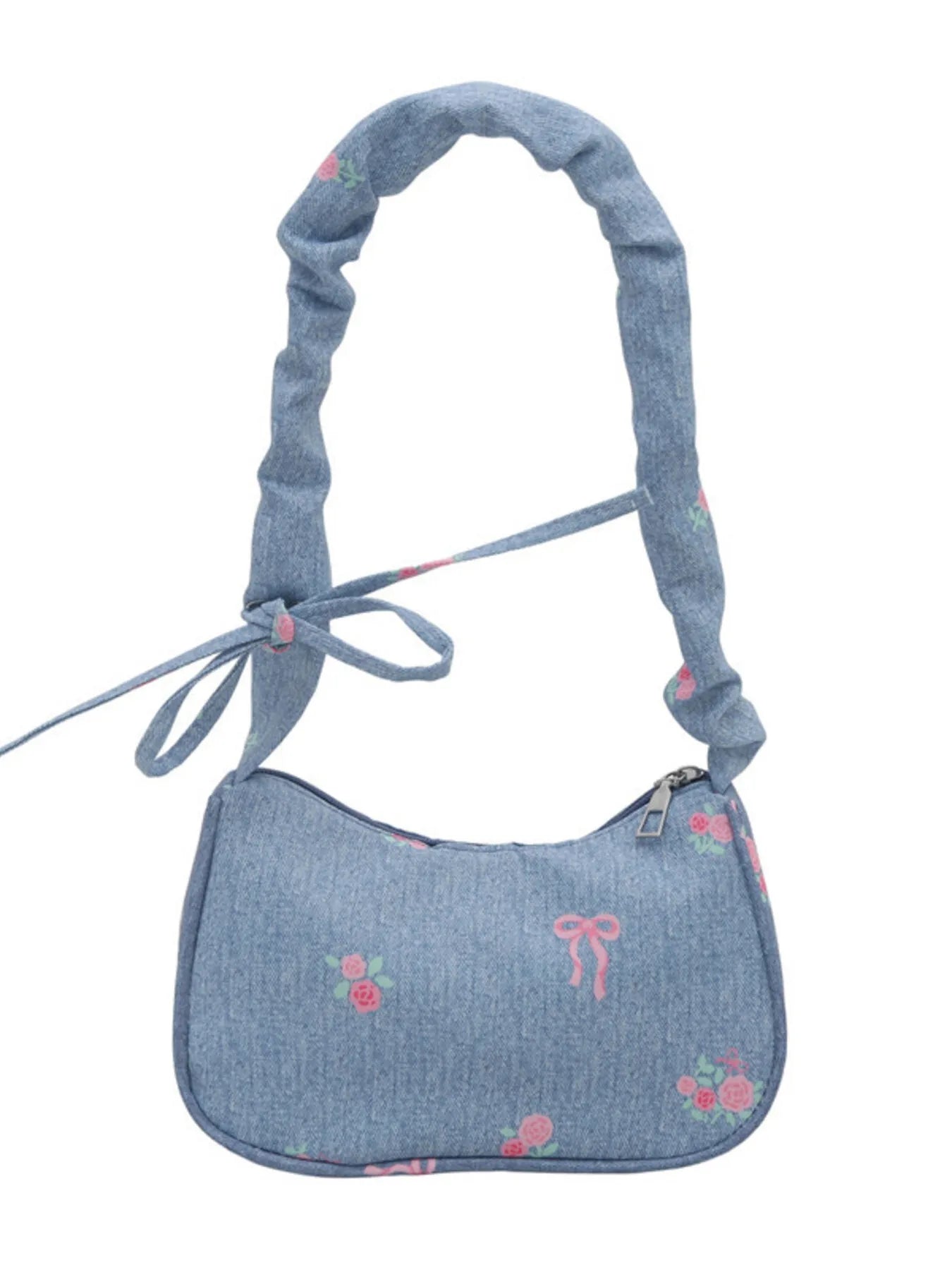 Fashorio Bags Light Blue / One Size Embroidered Ruched Strap Shoulder Bag