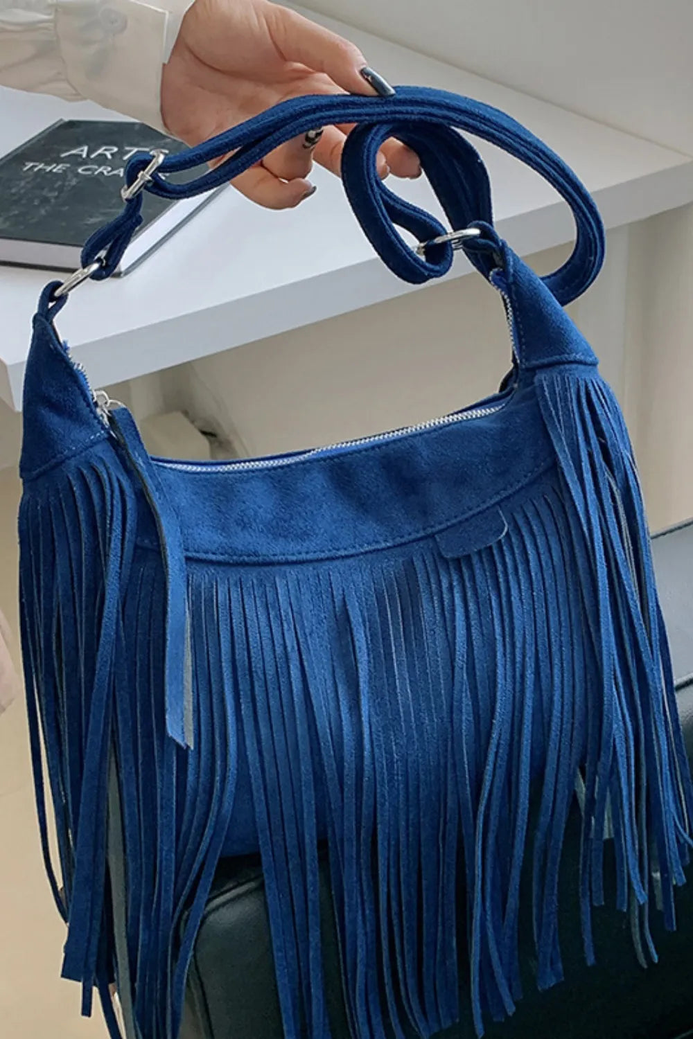 Fashorio Bags Navy / One Size Suede Fringe Adjustable Strap Shoulder Bag