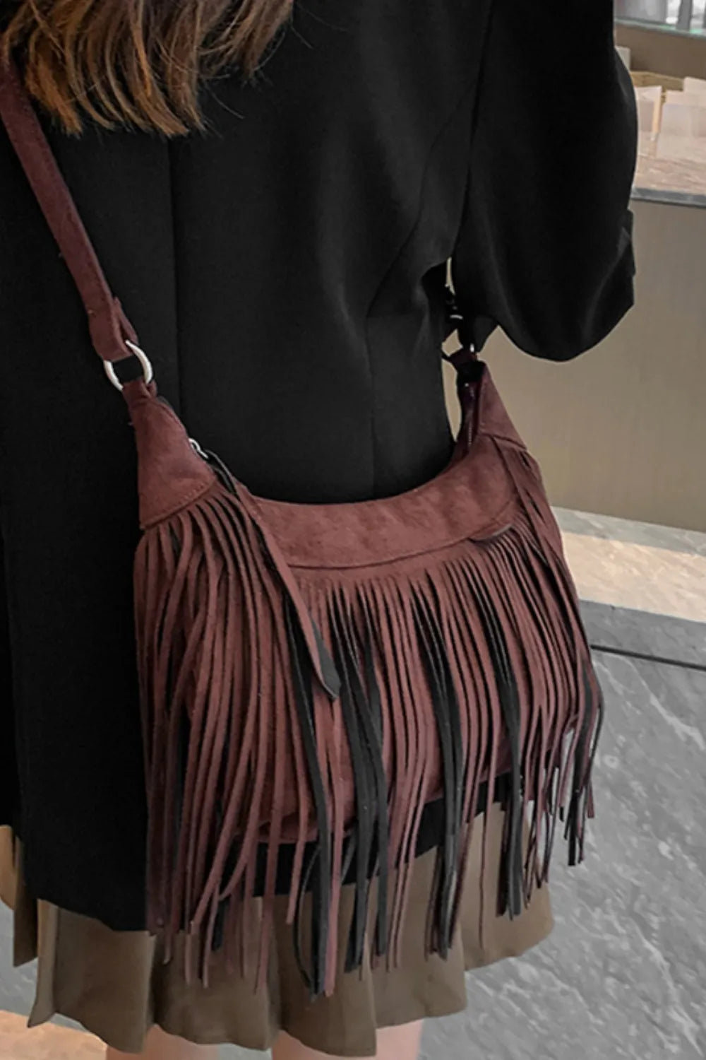 Fashorio Bags Suede Fringe Adjustable Strap Shoulder Bag