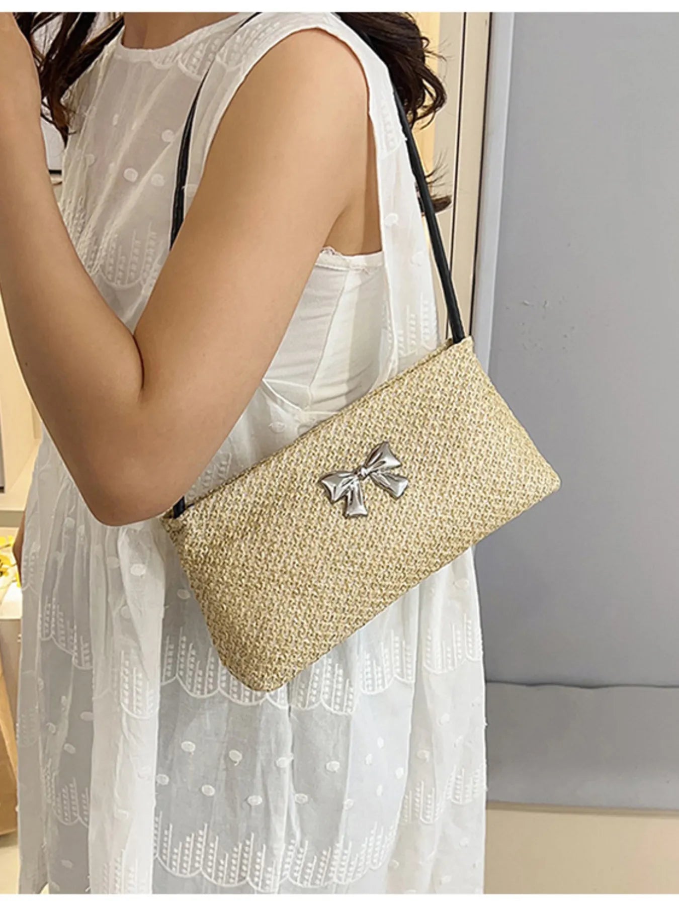 Fashorio Bags Woven Straw Shoulder Bag with Bow Detail