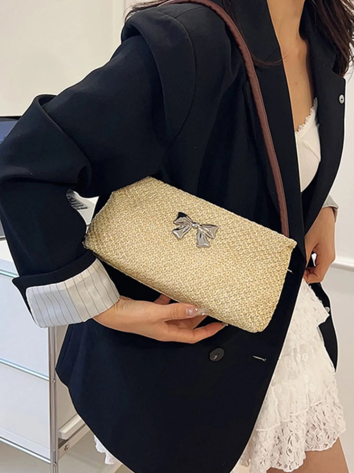 Fashorio Bags Woven Straw Shoulder Bag with Bow Detail