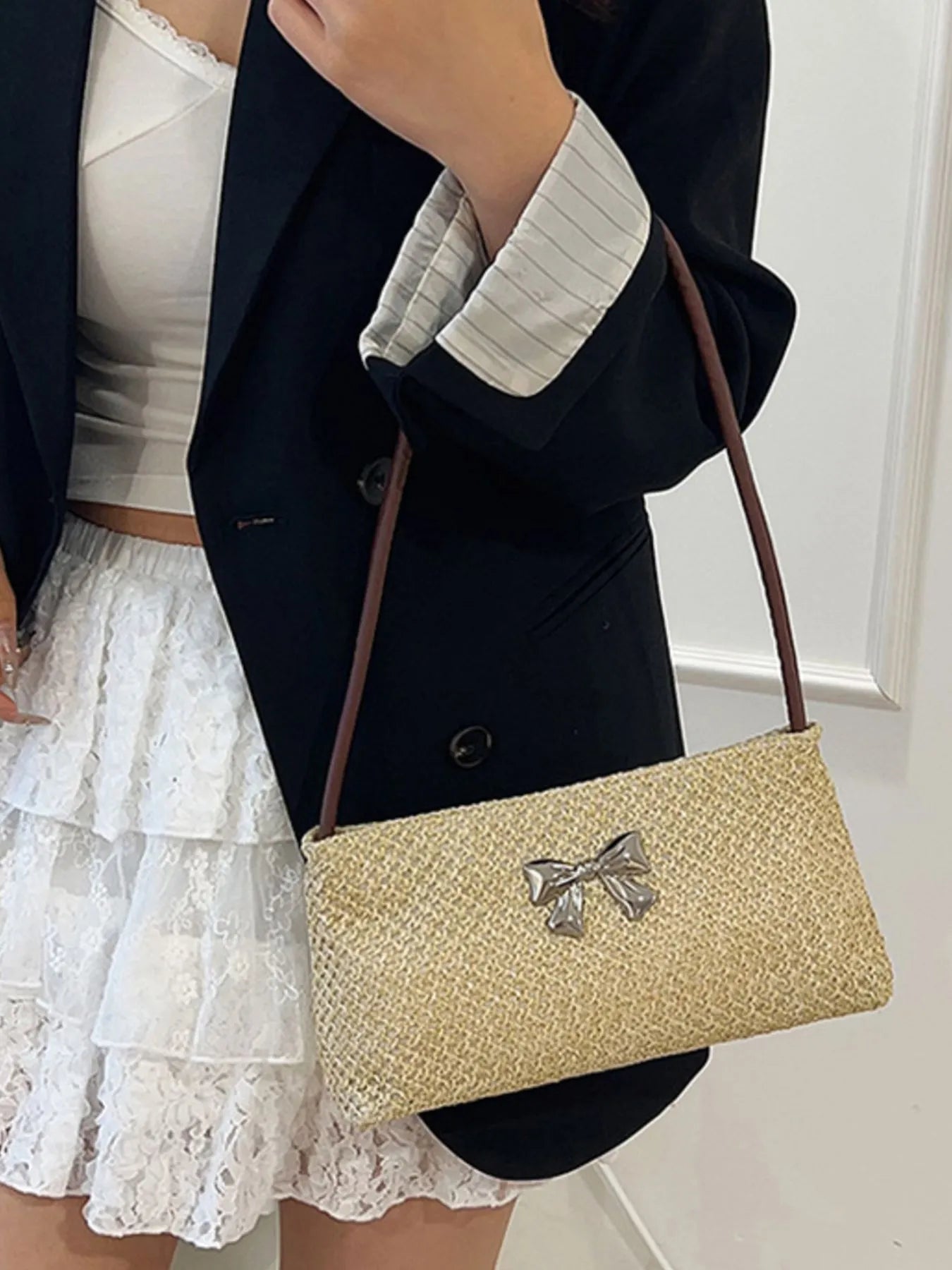 Fashorio Bags Woven Straw Shoulder Bag with Bow Detail