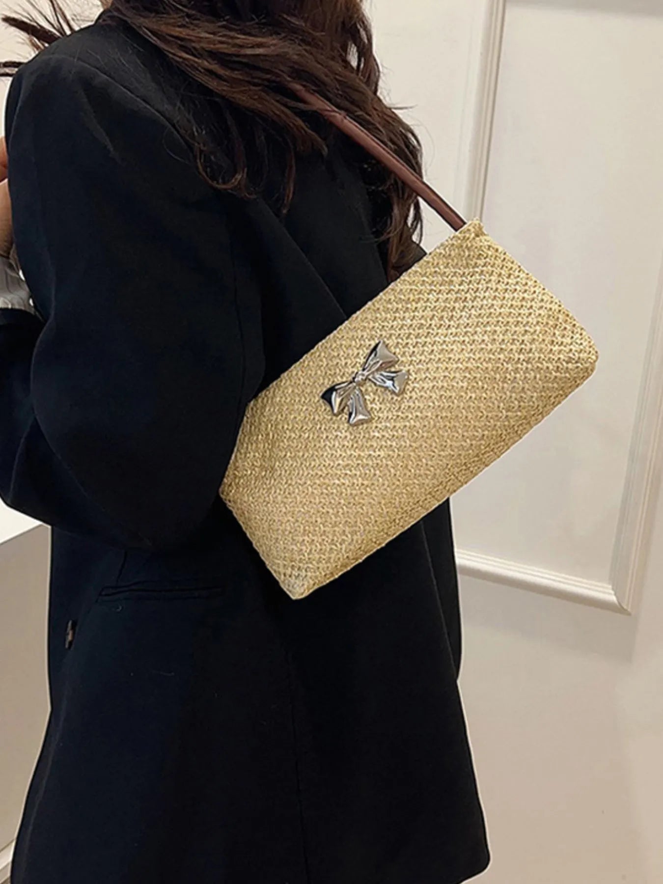 Fashorio Bags Woven Straw Shoulder Bag with Bow Detail