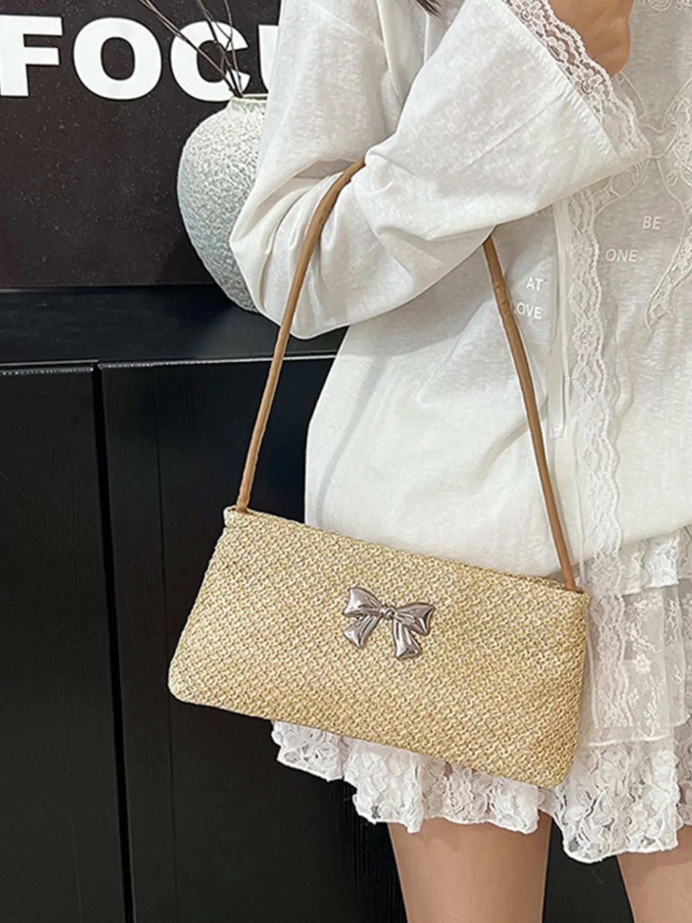 Fashorio Bags Woven Straw Shoulder Bag with Bow Detail
