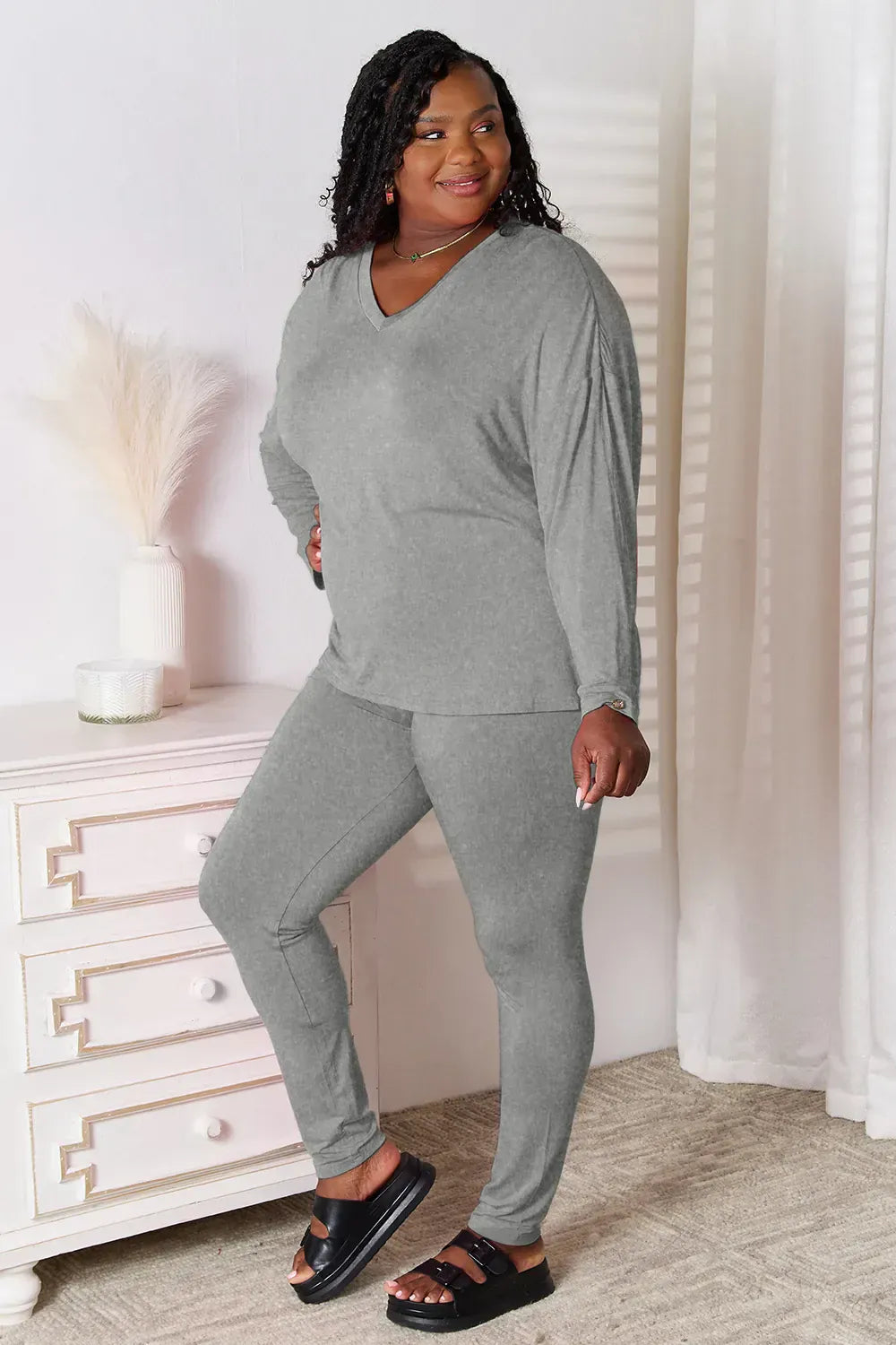 Fashorio Basic Bae Bamboo Full Size V-Neck Long Sleeve Top and Pants Lounge Set
