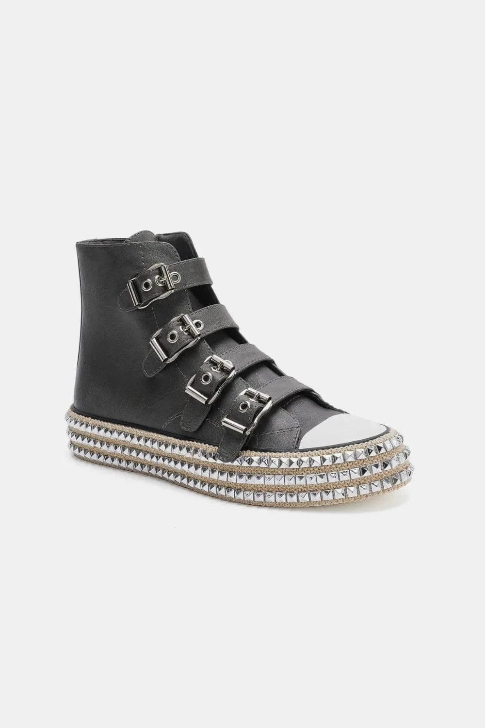 Beast Fashion Multi-Buckle Straps Studded Platform Sneakers - Fashorio