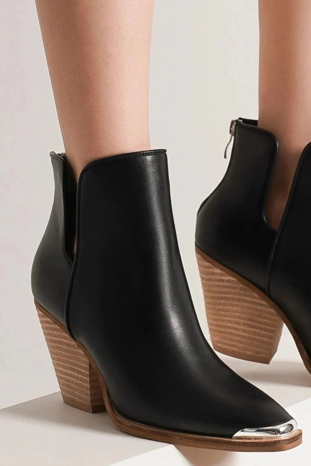 Beast Fashion Pointed Metal-Tip Toe Block Heel Ankle Boots - Fashorio