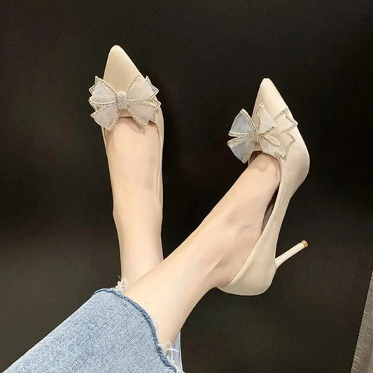 Bow Point Toe Stiletto Pumps Beige - Fashorio