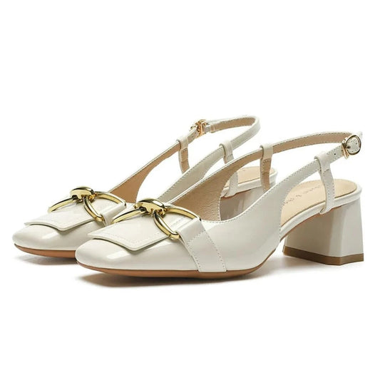 Square Toe Block Heels Pumps Beige - Fashorio