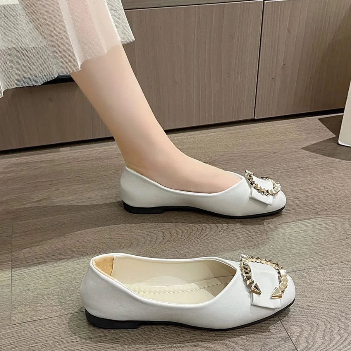 Square Toe Flat Slip-Ons Beige - Fashorio