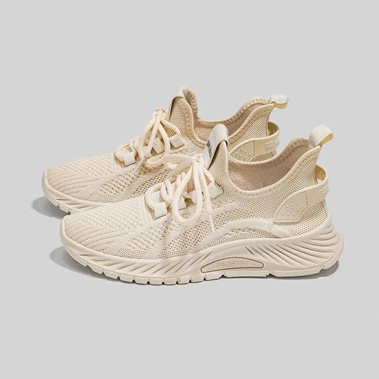 Mesh Lace-Up Platform Athletic Shoes Beige - Fashorio