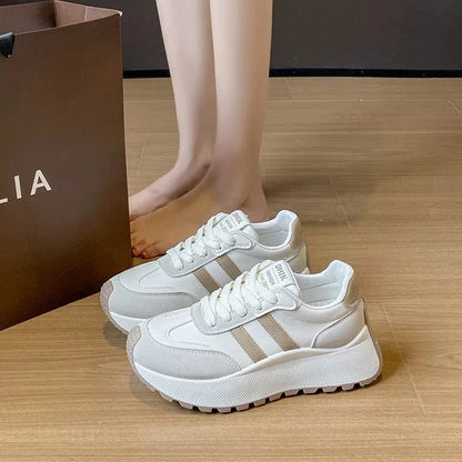 Side Striped Lace Up Platform Athletic Sneakers Beige - Fashorio