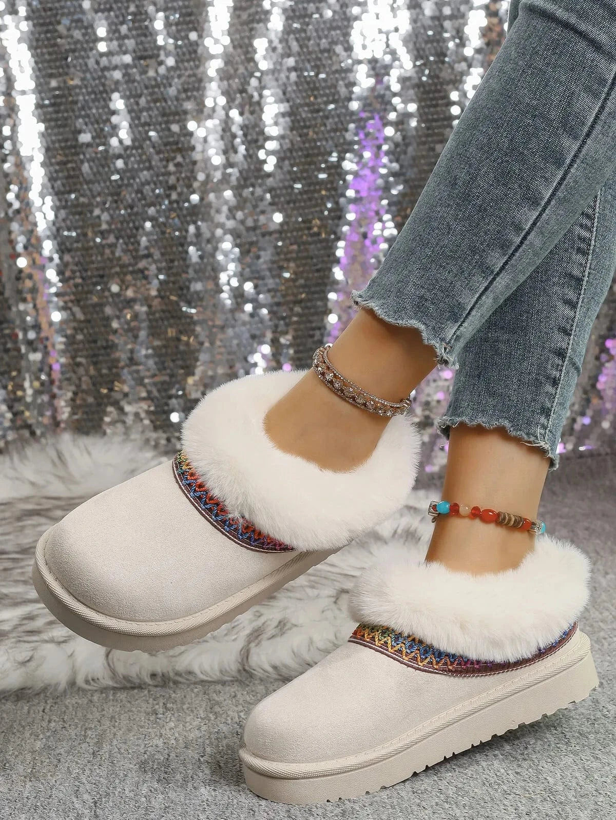 Round Toe Platform Boots Beige - Fashorio