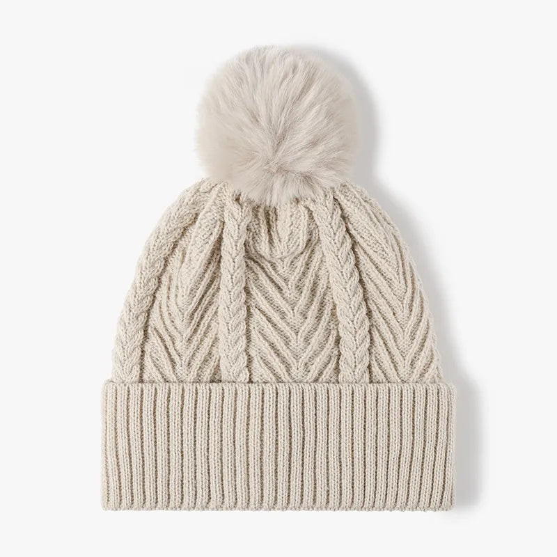Fashorio Beige / One Size Cable Knit Solid Color Hat with Pompom