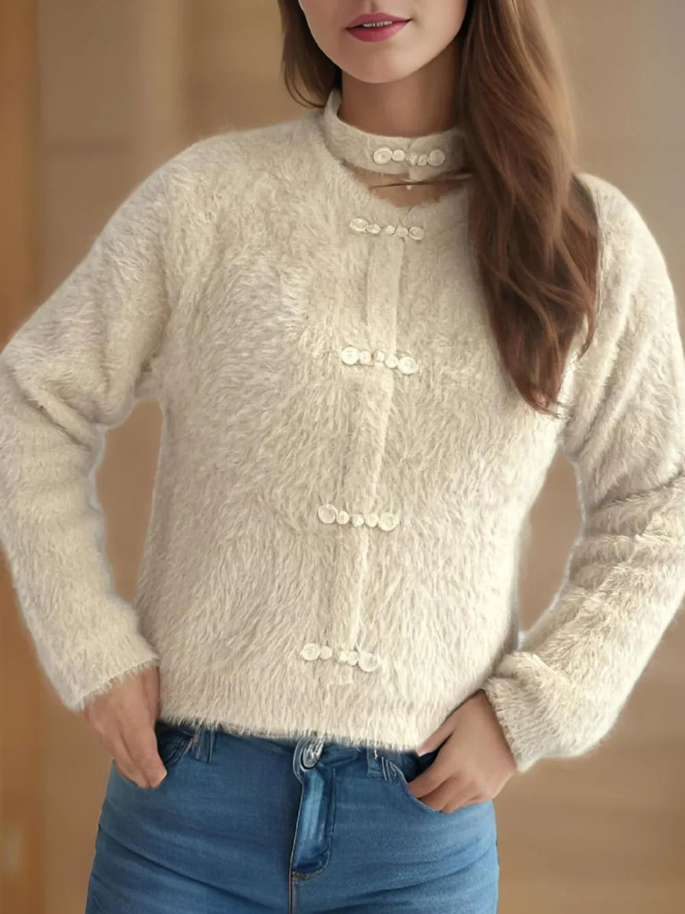 Fashorio Beige / One Size Cutout Knot Button Long Sleeve Cardigan