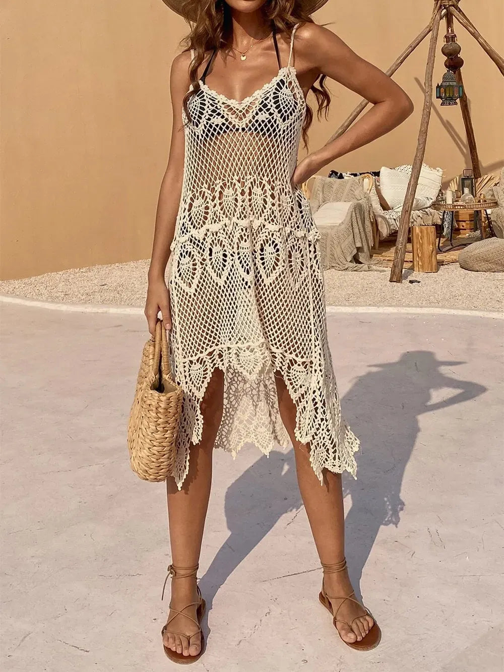 Fashorio Beige / One Size Openwork Scoop Neck Spaghetti Strap Cover-Up Dress