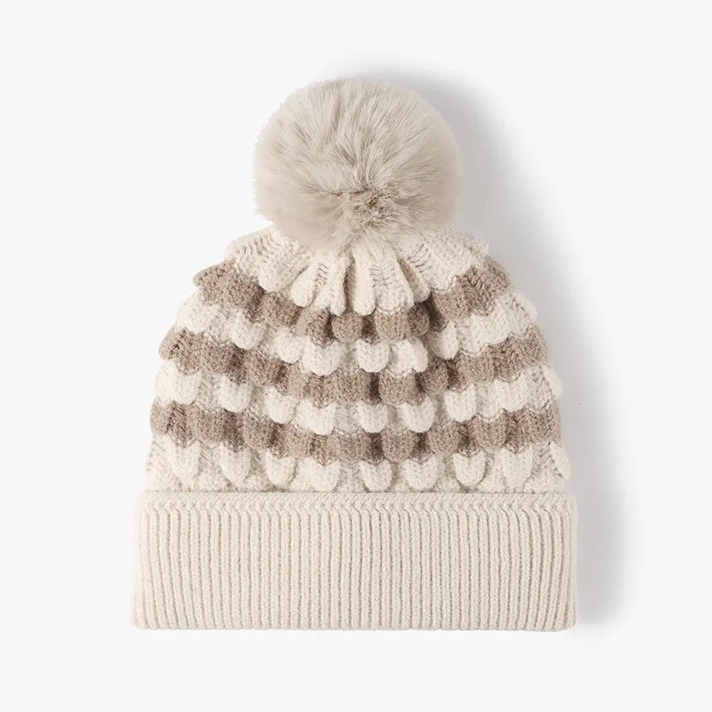 Fashorio Beige / One Size Striped Contrast Knit Hat with Pom-pom