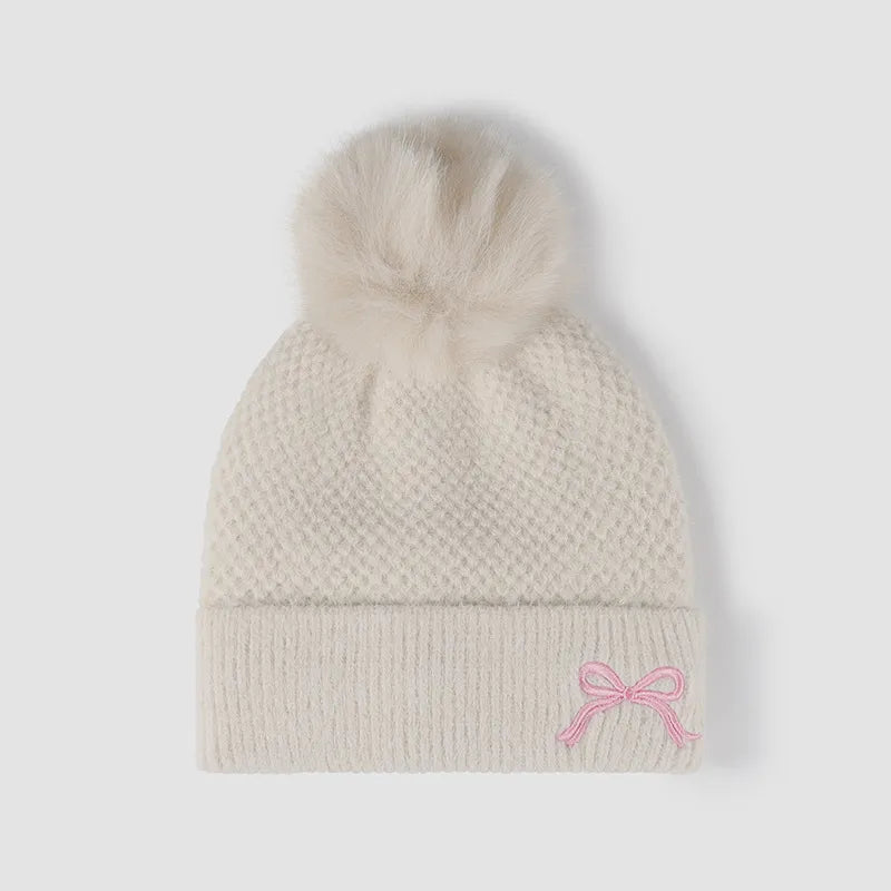Fashorio Beige / One Size Thermal Bow Knit Hat with Pompom
