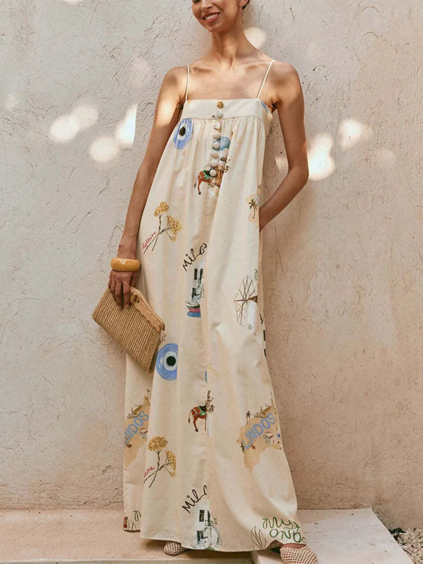 Fashorio Beige / S Bohemian Print Cami Maxi Dress with Pockets