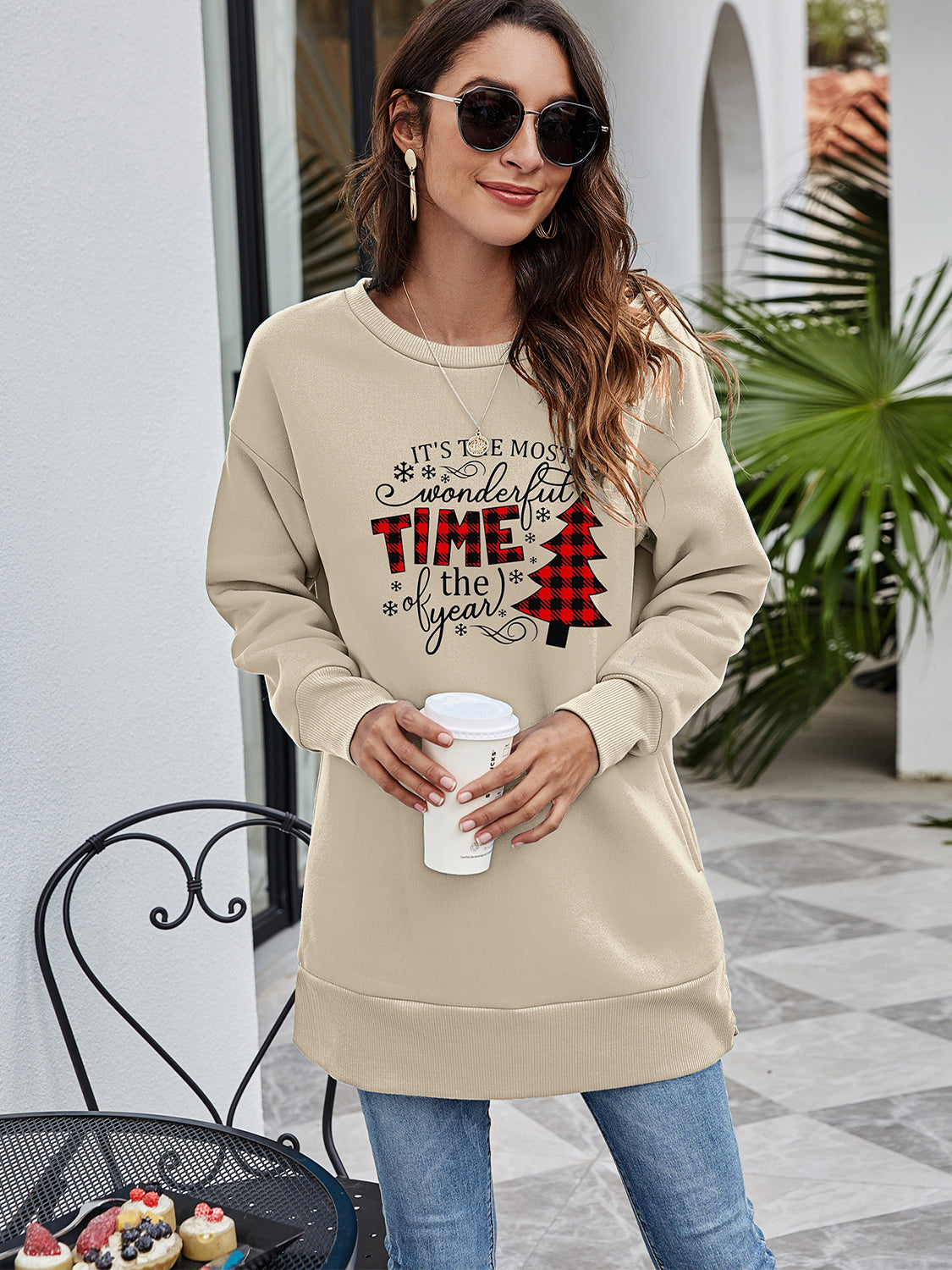 Fashorio Beige / S Christmas Tree Graphic Drop Shoulder Sweatshirt