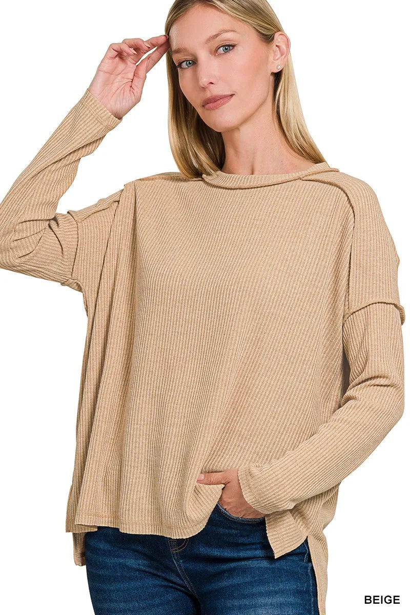 Fashorio BEIGE / S/M Zenana Ribbed Drop Shoulder Round Neck Sweater
