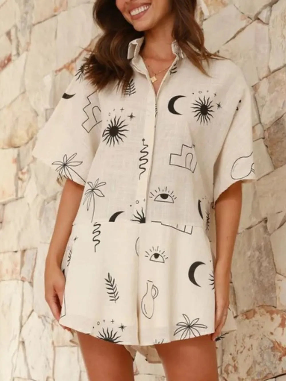 Fashorio Beige / S Printed Collared Neck Half Sleeve Romper