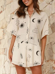 Fashorio Beige / S Printed Collared Neck Half Sleeve Romper